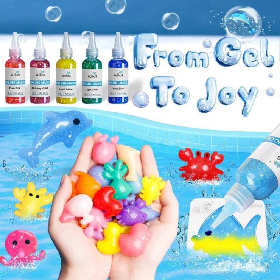 Kiditos Magic Water Elf Toy Kit – Squishies for Kids, 20 Gels & 10 Molds, Magic Gel Water Pets Sensory DIY Craft Kit, Party Favors & Summer Gifts for Kids Ages 3+